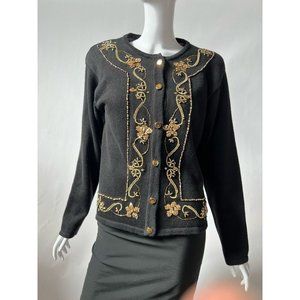 Joan Leslie Womens Cardigan Sweater Black Embellished Long Sleeve Crew Neck S